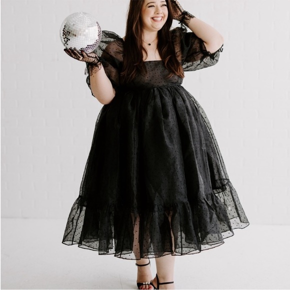 Selkie Dresses & Skirts - Selkie Caviar French Puff Dress Midi Black Polka Dot Organza XL NWT